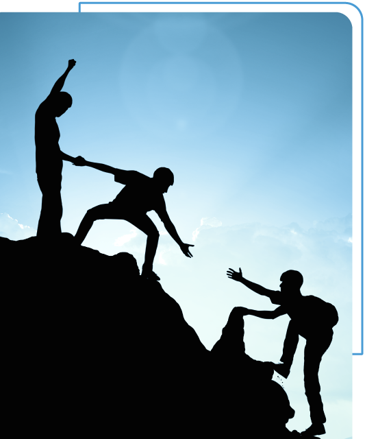 People’s silhouettes on a mountain peak, illustrating collaboration and mutual support in an adventurous setting.
