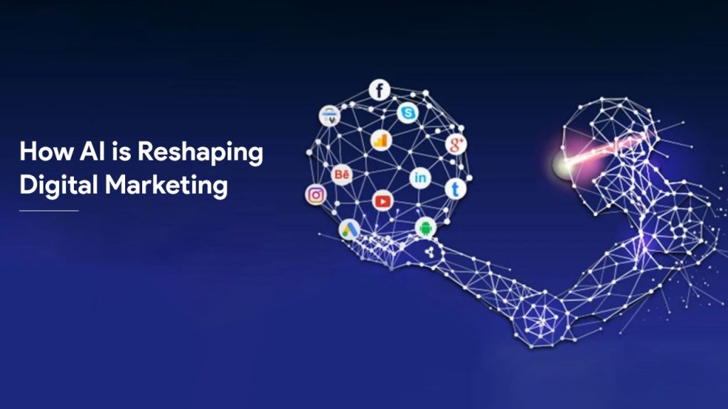 Digital illustration of AI reshaping digital marketing, featuring a futuristic wireframe human hand holding various social media icons.