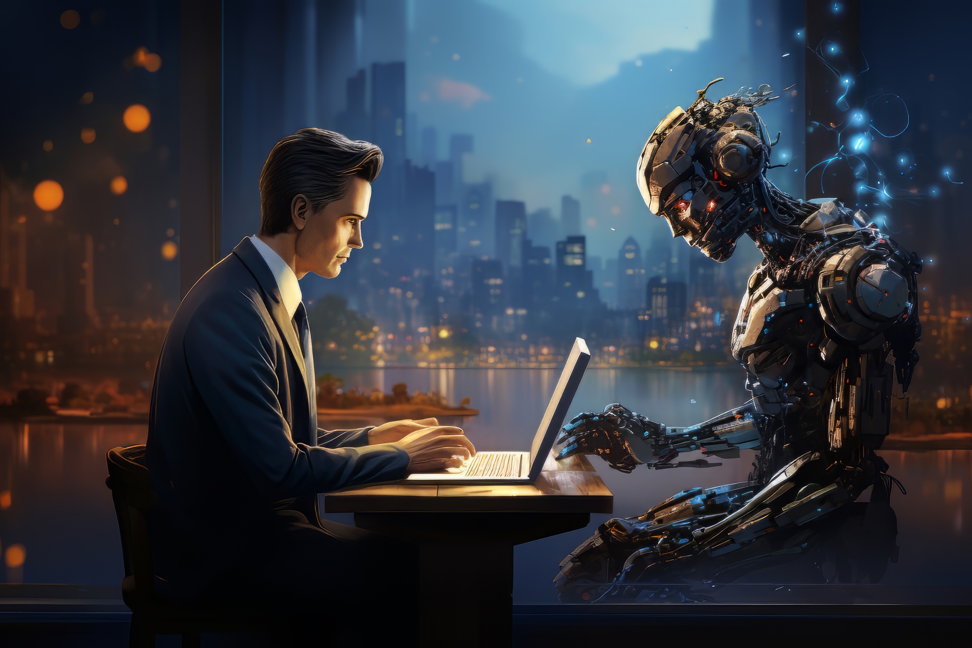 A businessman and a humanoid AI robot working together on laptops in a futuristic office with a cityscape view at night.
