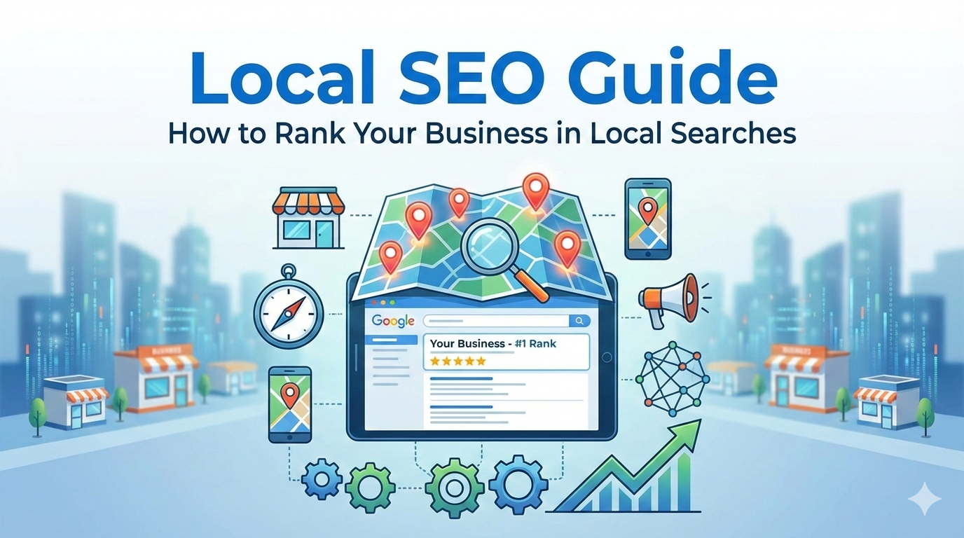 Illustration titled “Local SEO Guide: How to Rank Your Business in Local Searches,” showing a tablet with a Google search result labeled “Your Business – #1 Rank,” a city map with location pins, storefront icons, smartphones, a compass, megaphone, gears, network graphic, and an upward growth chart, representing strategies for improving local search visibility.